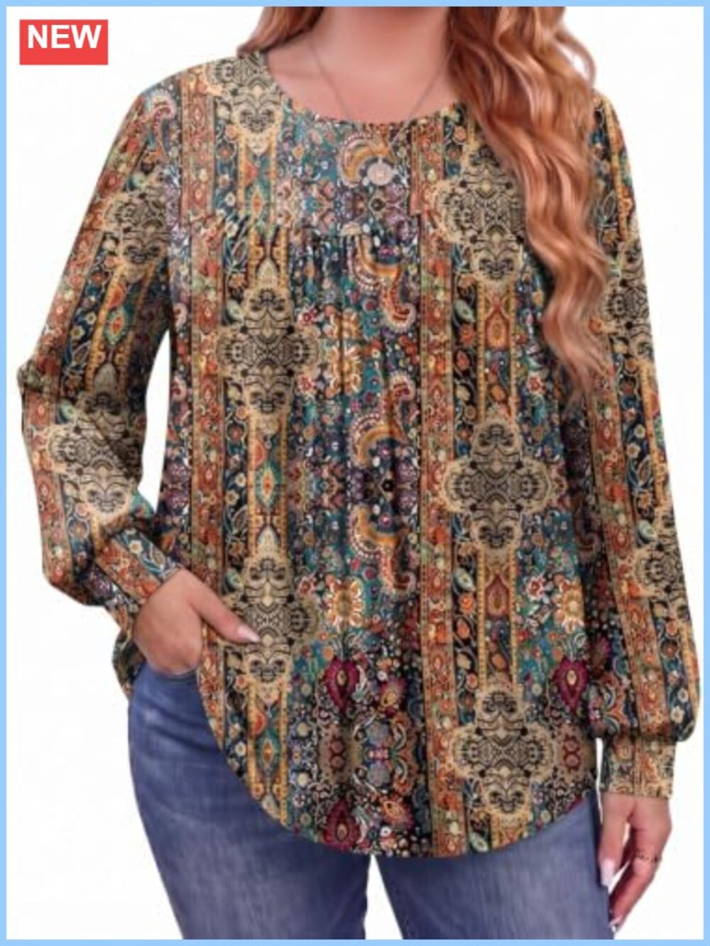 Plus Size Long Sleeve Flowy Tunic Top Pleated Swing Hem Crew Neck